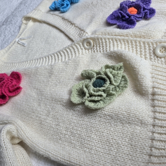 Dreamers Cream Knit Cardigan With Colorful Crochet 3D Flowers Sweater - Picture 5 of 14